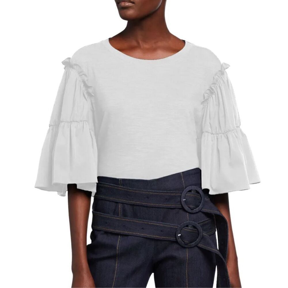 Cinq a Sept White Cotton Hailey Crew Neck Ruffle Bell Short Sleeve Blouse Large